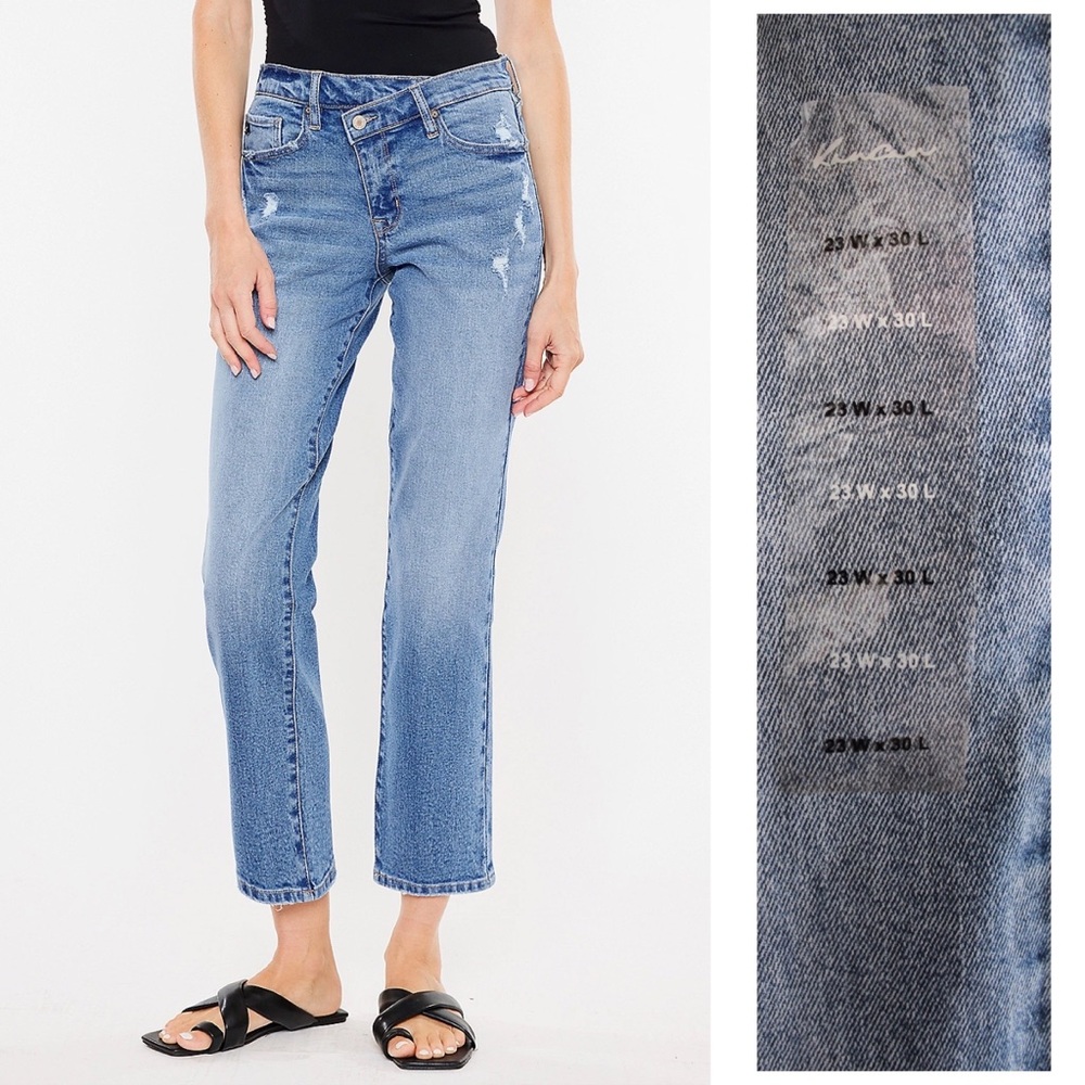 KanCan NWT Straight High Rise Crossover Waist Jeans 23 Distressed Denim